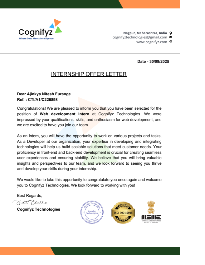 Cognifyz Technologies Offer Letter